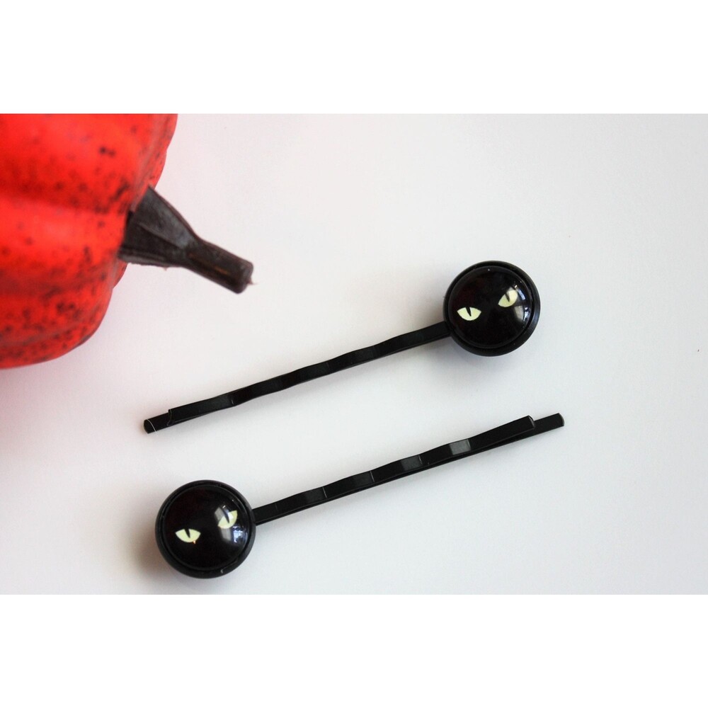 Set of Halloween Bobby Pins, Cats Eye Glass Cabochon Hair Pins, Black Cat Hairpi